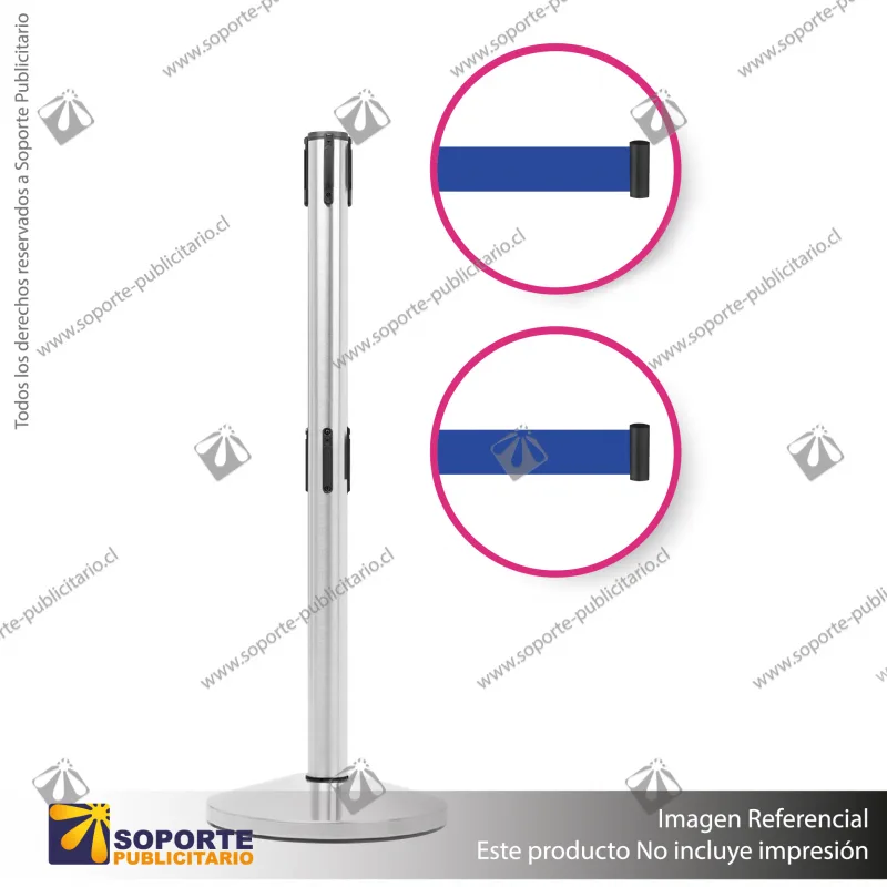 SEPARADOR DE FILAS CROMADO CON DOBLE CINTA RETRACTIL AZUL